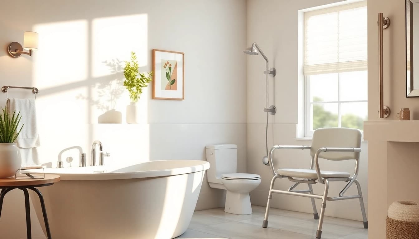 Eine sichere Unterstützung mit hilfen für bad und toilette in einem modernen Badezimmer.