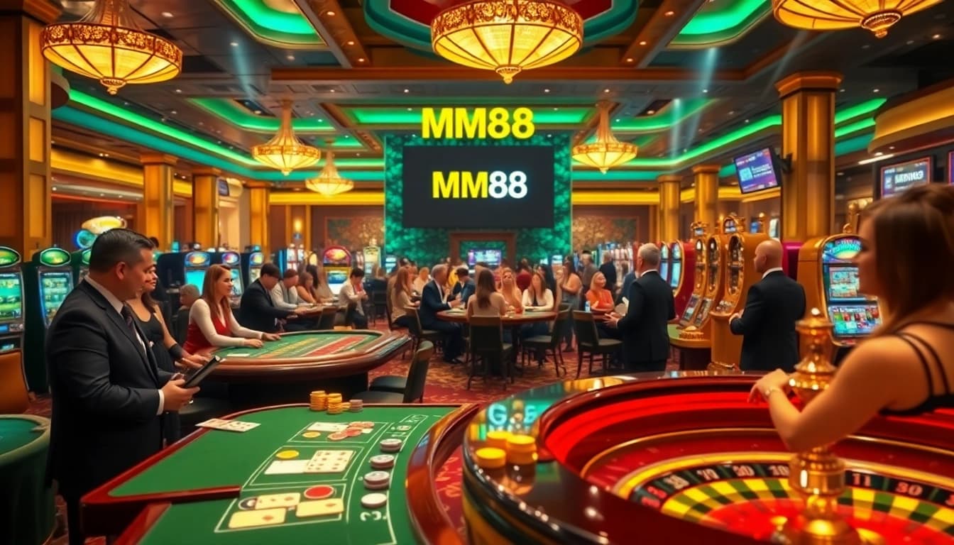 MM88 casino image showcasing vibrant tables and excited gamblers in a luxurious setting.