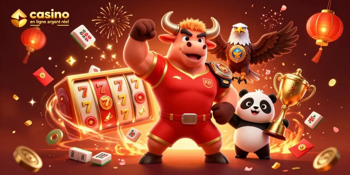 Illustre le casino en ligne argent réel avec un taureau, un aigle et un panda entourés de symboles ludiques.