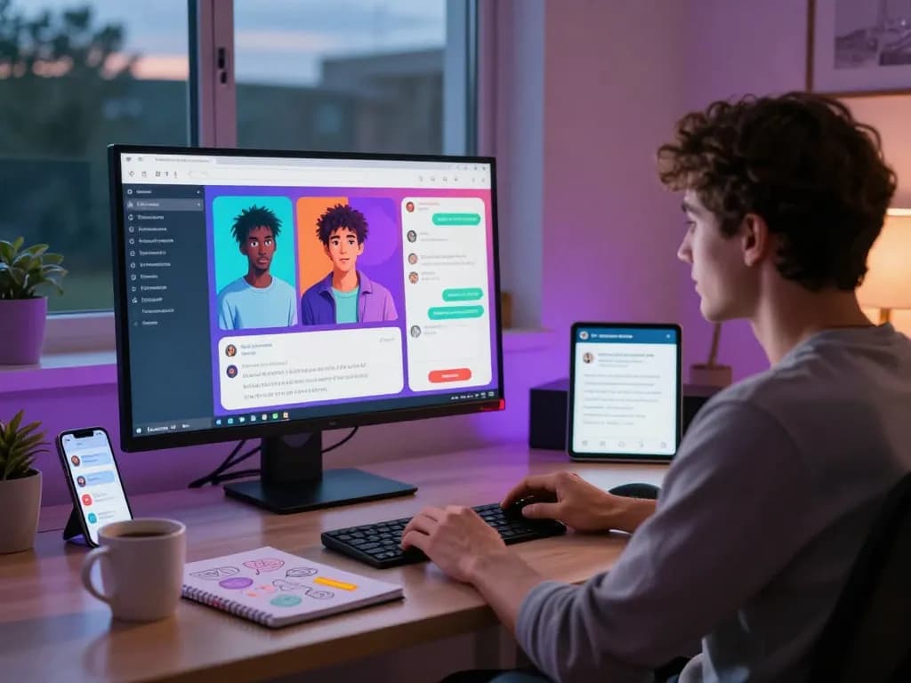 Engaging AI chat porn experience with a user interacting in a modern home office, vibrant chat interface on screen.