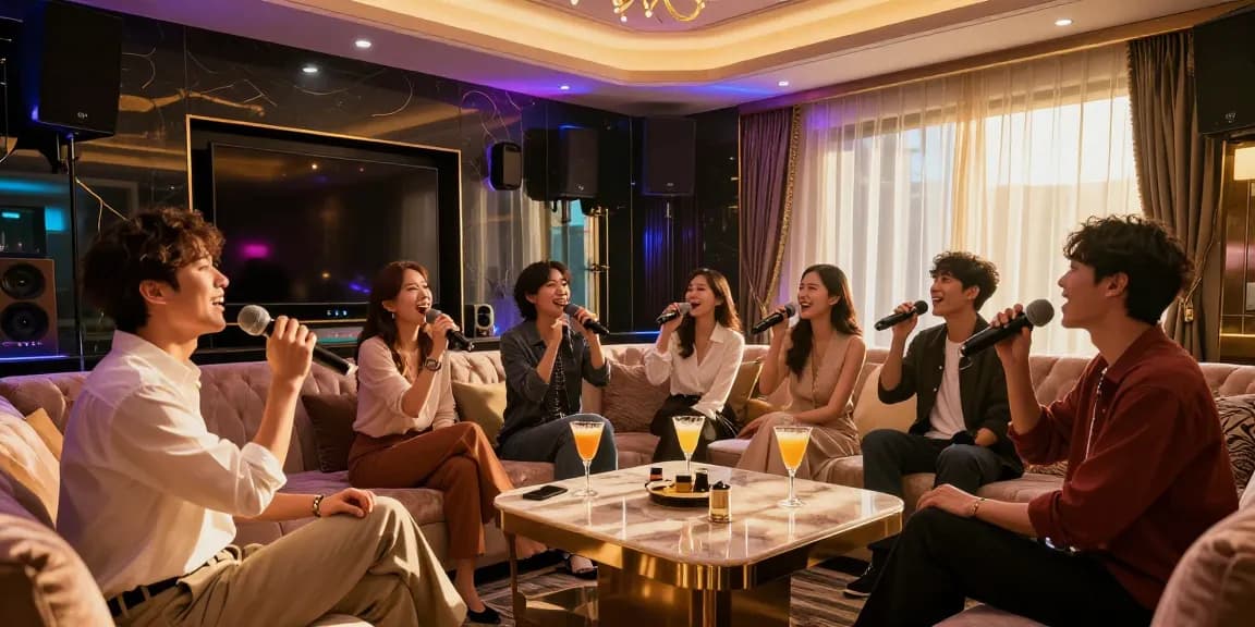강남 가라오케에서 친구들과 노래를 부르는 화려한 룸의 즐거운 분위기