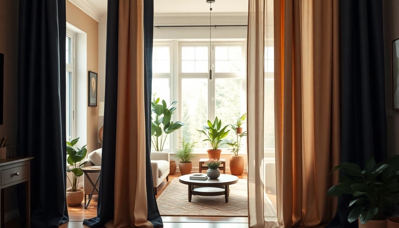 Bekijk verduisterende gordijnen in een stijlvolle woonkamer met elegante interieurdetails.
