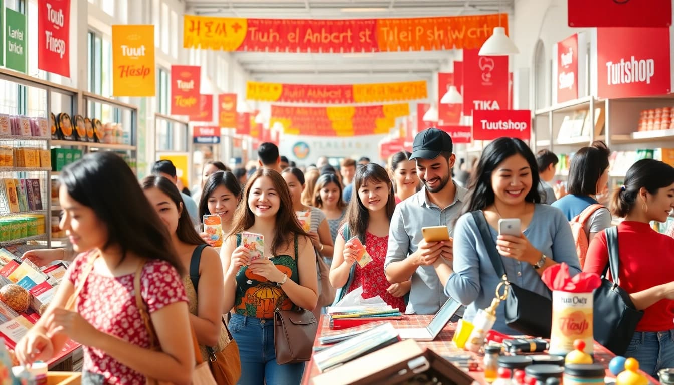 Shoppers engaging with diverse products at www.tuut.shop/en-SA in a vibrant marketplace.