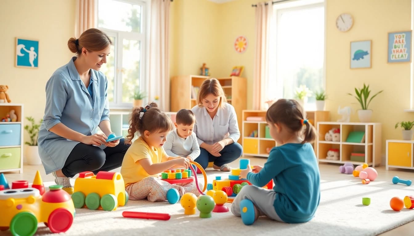Children engaging in therapeutic activities at https://www.kiddsaba.com in a vibrant therapy room.