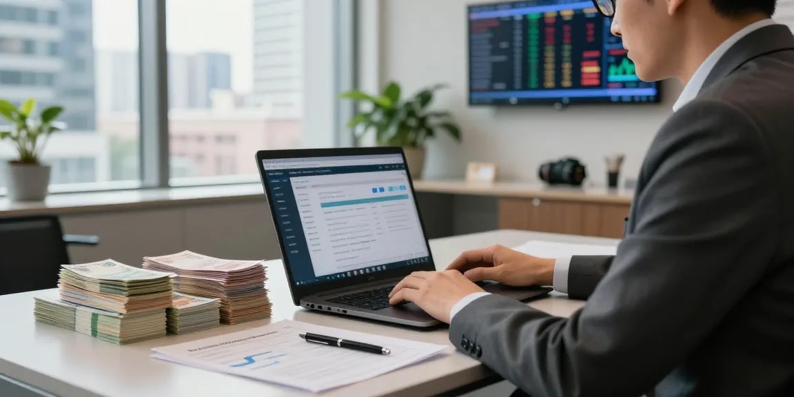Banker processing a deposit of $5000 in a modern financial institution, showcasing professionalism and trust.