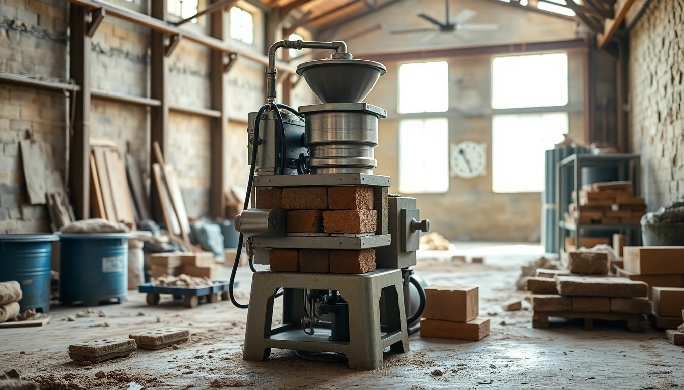 Efficient small brick making machine working in a vibrant workshop environment.