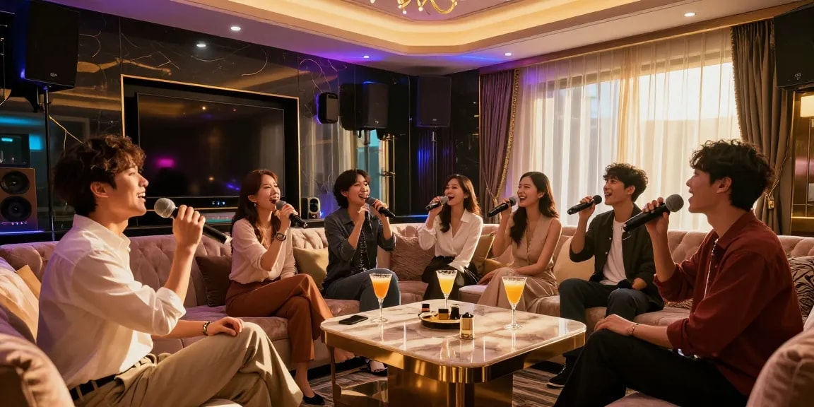 강남 가라오케에서 친구들과 노래를 부르는 화려한 룸의 즐거운 분위기