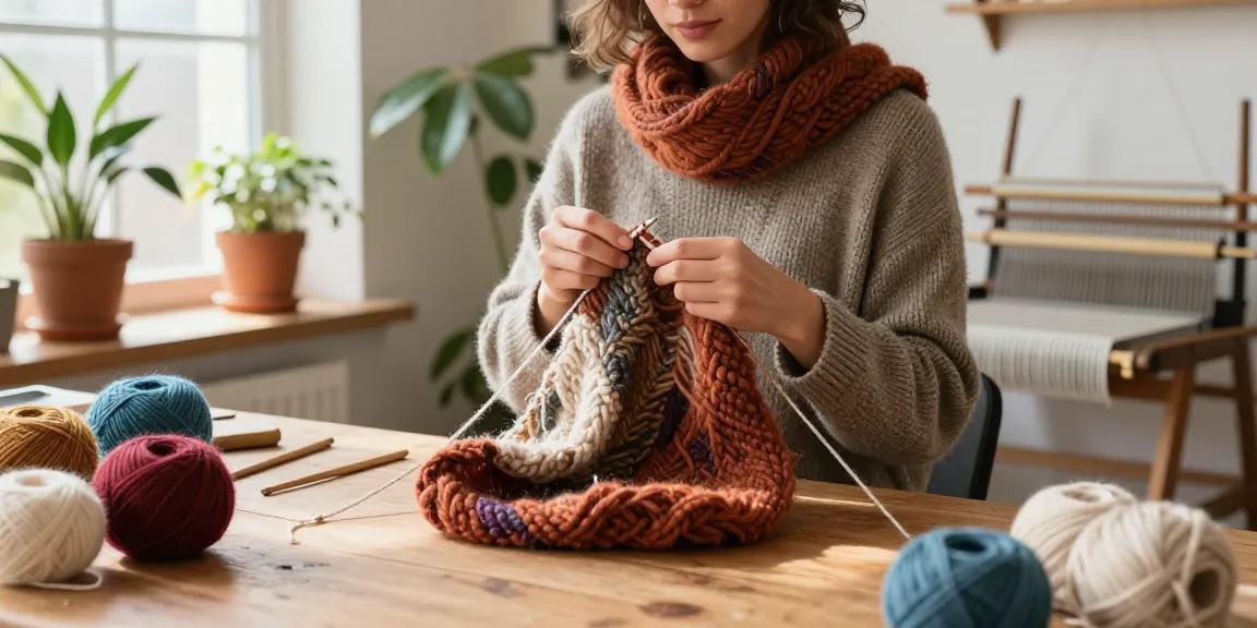 Artisan creating a unique merino wool scarf in a vibrant, natural light-filled studio.