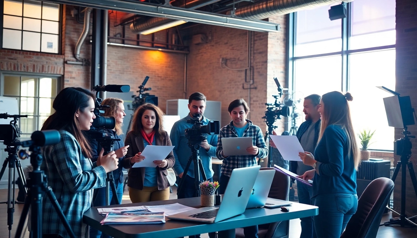 Collaborative video production Company Calgary team creating dynamic film content in a modern studio.