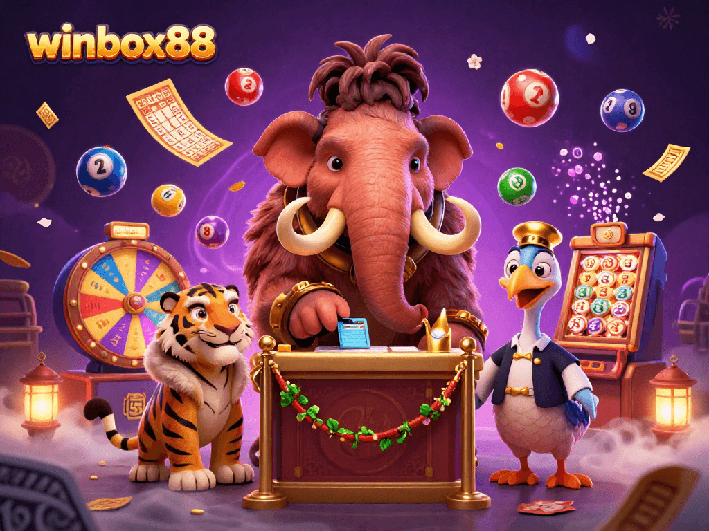 Winbox88 blazes with vibrant gaming energy as lottery elements burst in the scene.