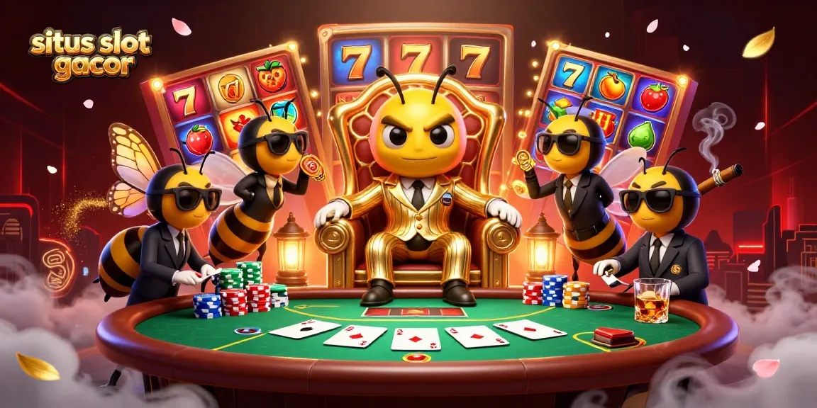 Engage with situs slot gacor as the lively scene showcases a bumblebee mob boss overseeing thrilling jackpot reels surrounded by vibrant casino action.