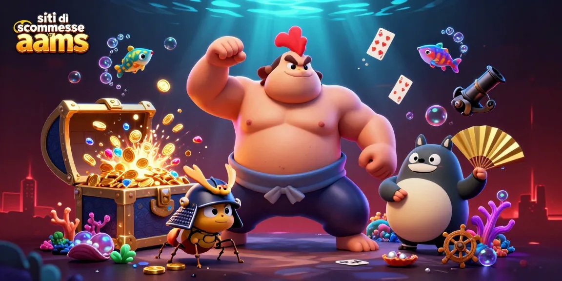 Siti di scommesse non AAMS: illustrazione dinamica con un lottatore di sumo, un grillo samurai e un tanuki annunciatore.