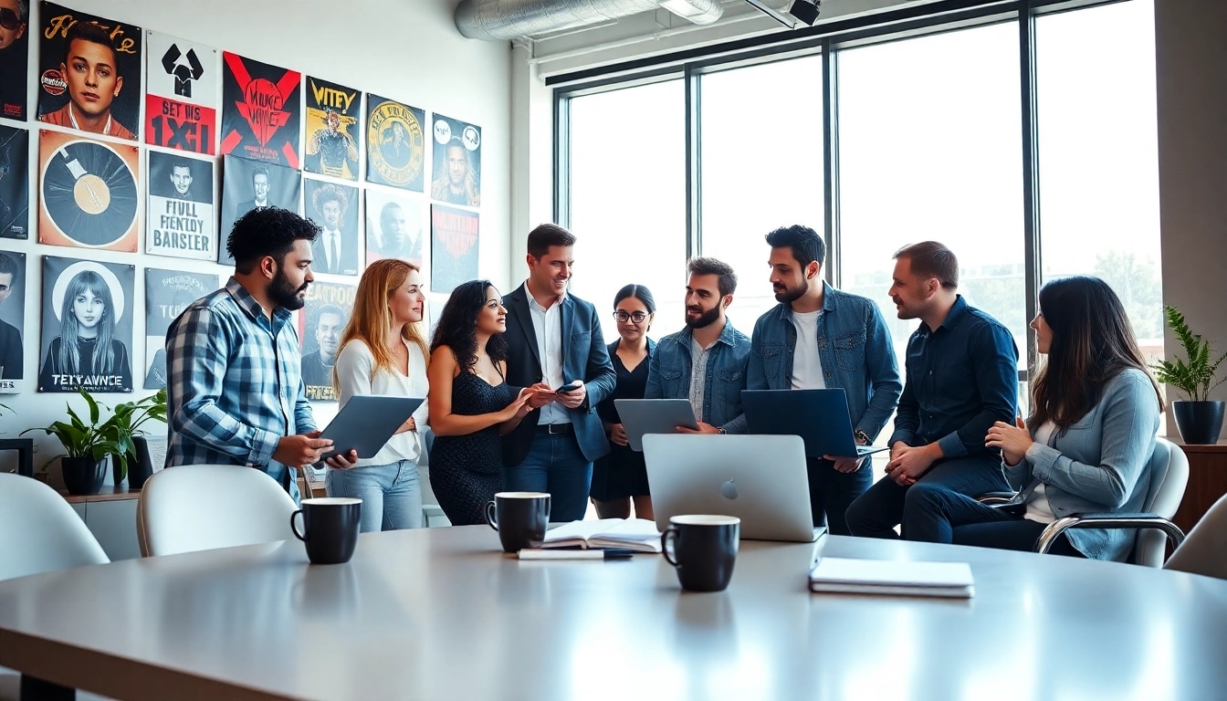 Dynamic team collaborating at a music PR firm in a bright office setting.