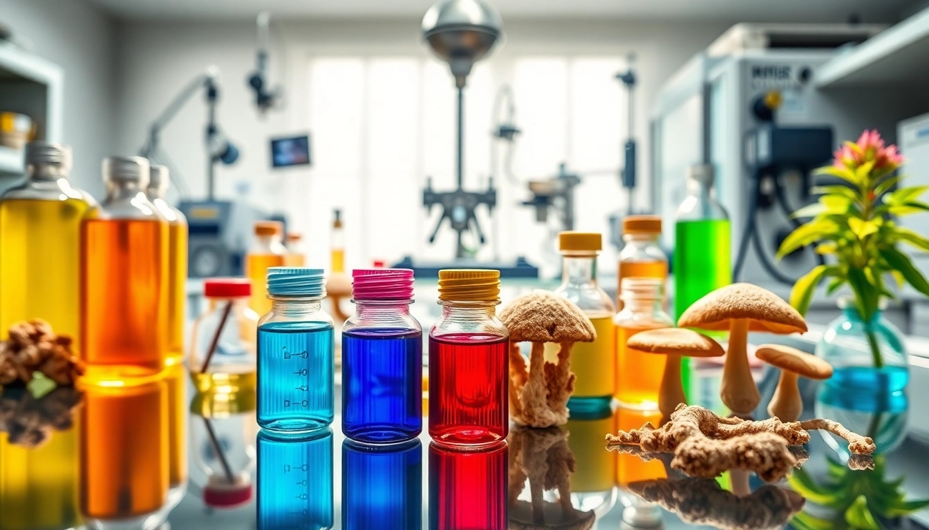 Explore Psychedelicschemstore's vibrant psychedelic compounds displayed in a modern lab setting.