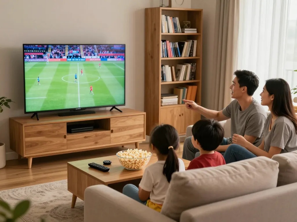 Gezin geniet van IPTV TV in een gezellige woonkamer met een levendige sportwedstrijd op het scherm.