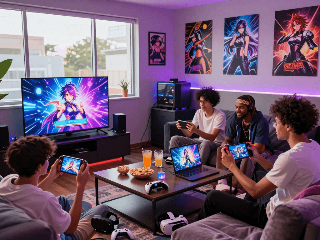 Engaging group enjoying a hentai game in a lively gaming lounge setup