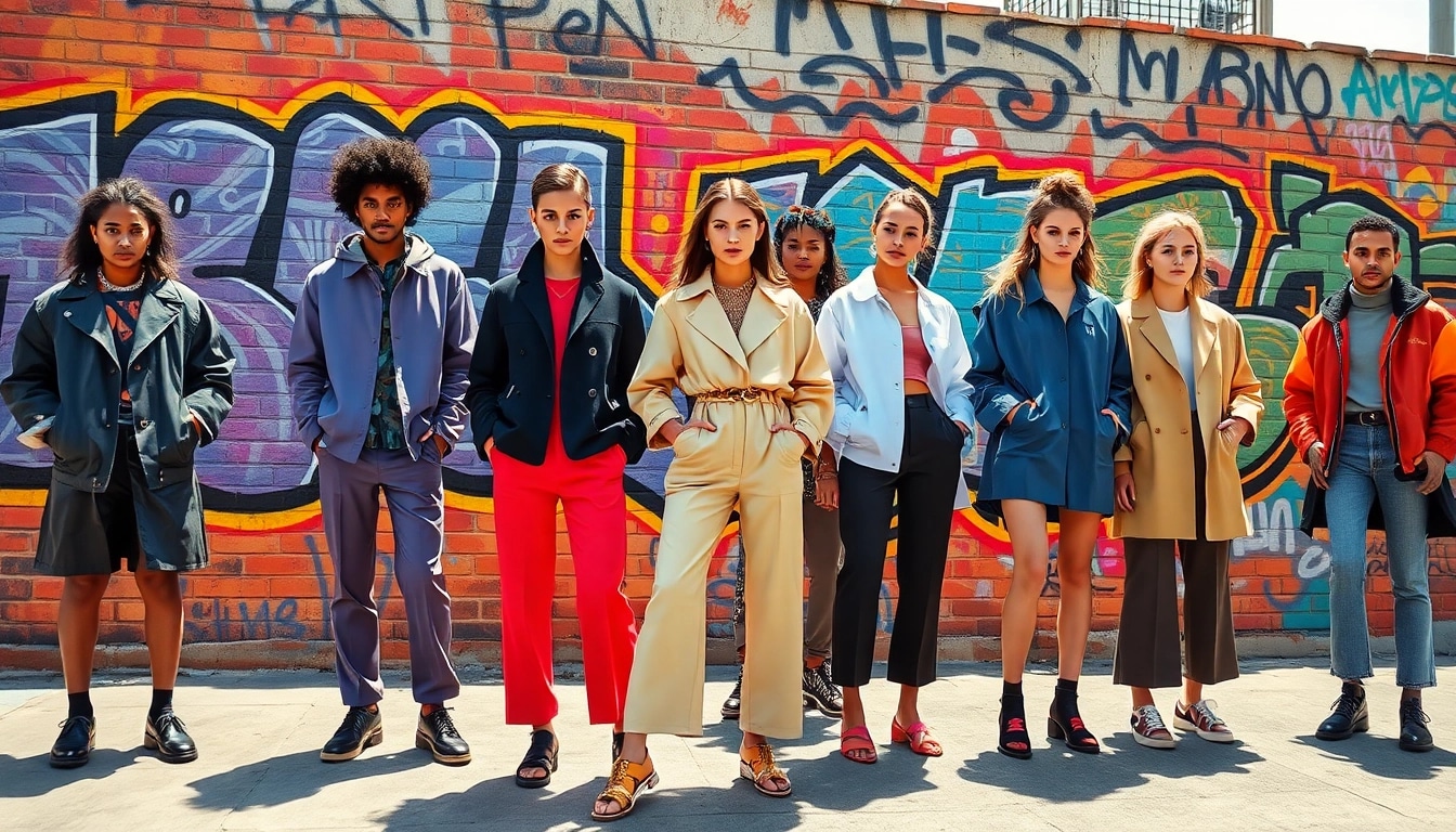Showcase of diverse Fashion with models in vibrant outfits against a graffiti background.