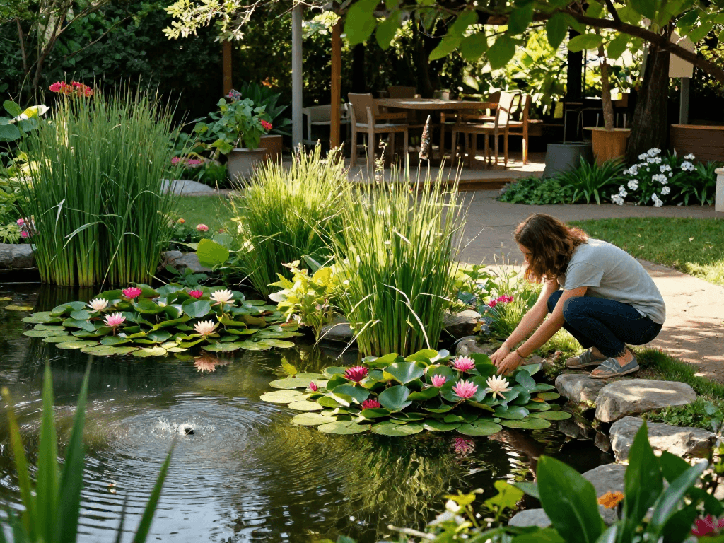 Pond plants in a serene garden pond scene with vibrant foliage and colorful water lilies