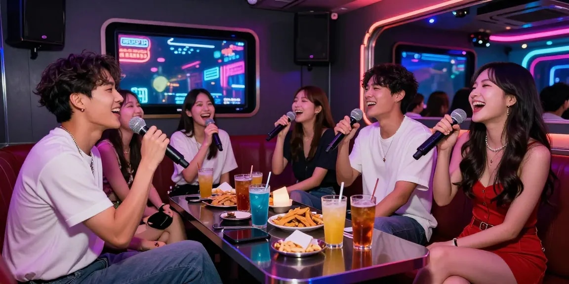 강남가라오케의 고급스러운 분위기에서 친구들과 함께 노래를 부르며 즐기는 모습, gangnamtune.com/에서 제공하는 정보를 탐색하세요.