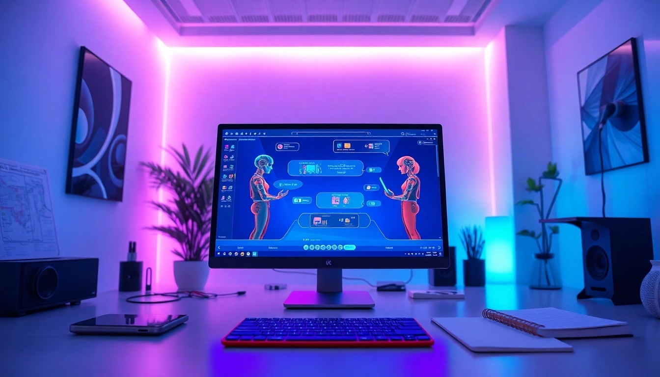 Futuristic workspace showcasing nsfw ai platform with interactive AI characters.