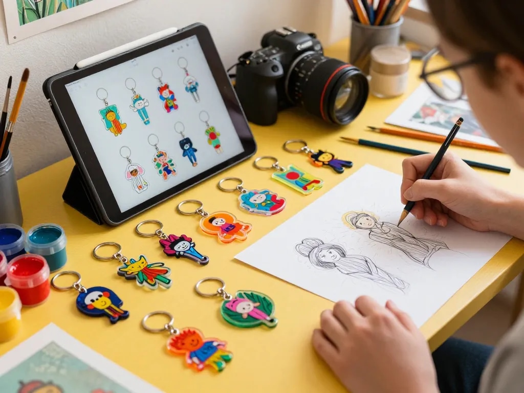 Custom acrylic keychains in a vibrant artist’s workspace, showcasing creativity and personalization.