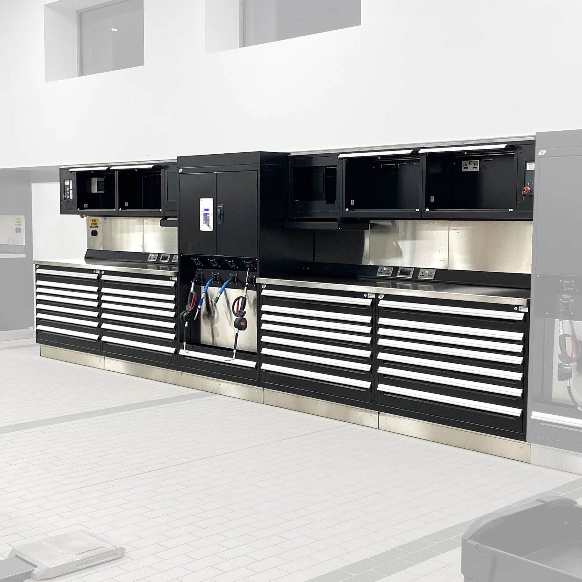 Heavy-Duty Workshop Furniture Including Workbenches and Cabinets