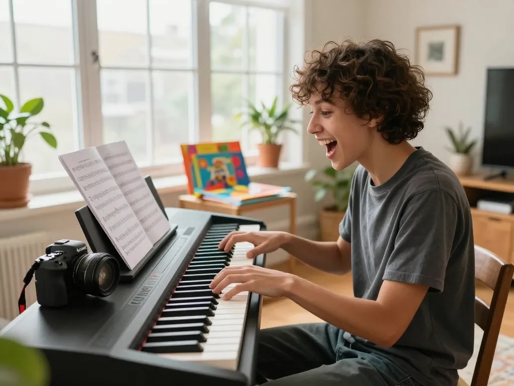 Person joyfully playing the go 88 digital piano in a bright home setting.