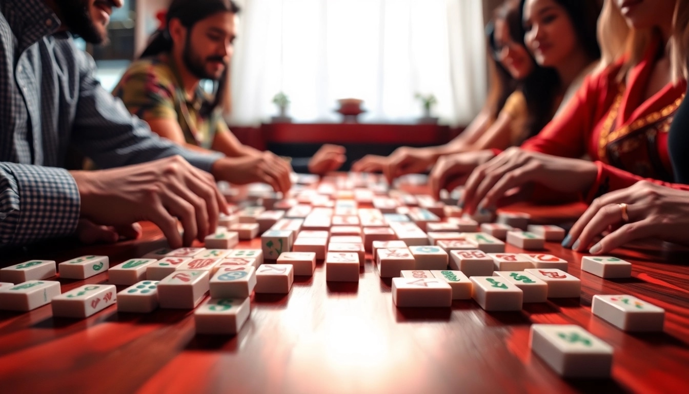 Mahjong permainan dengan ubin berwarna cerah yang dikelilingi oleh pemain yang antusias.