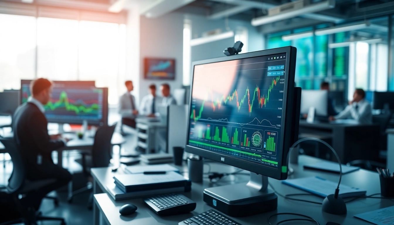 Analyze trends and data in ai stocks in a modern office setting.