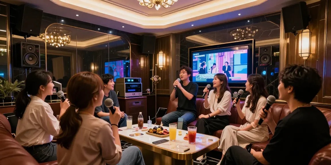 강남 가라오케에서 고급스러운 음료와 함께 즐기는 손님들 모습