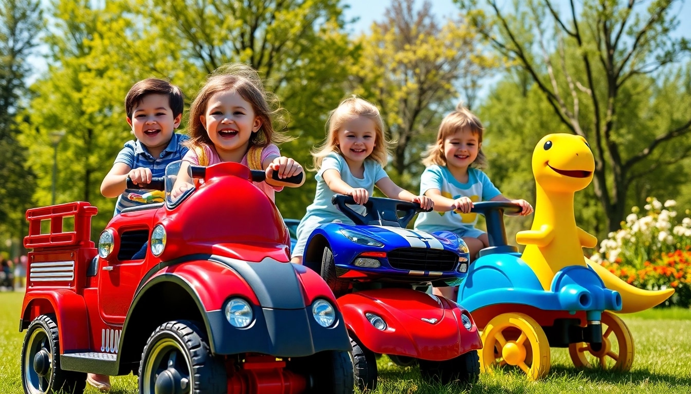 Children riding on colorful ride on toys in a sunny park, filled with joy and energy.