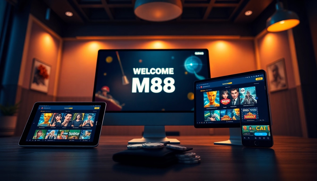 MM88 online gambling platform showcasing a user-friendly interface across devices in a vibrant setting.