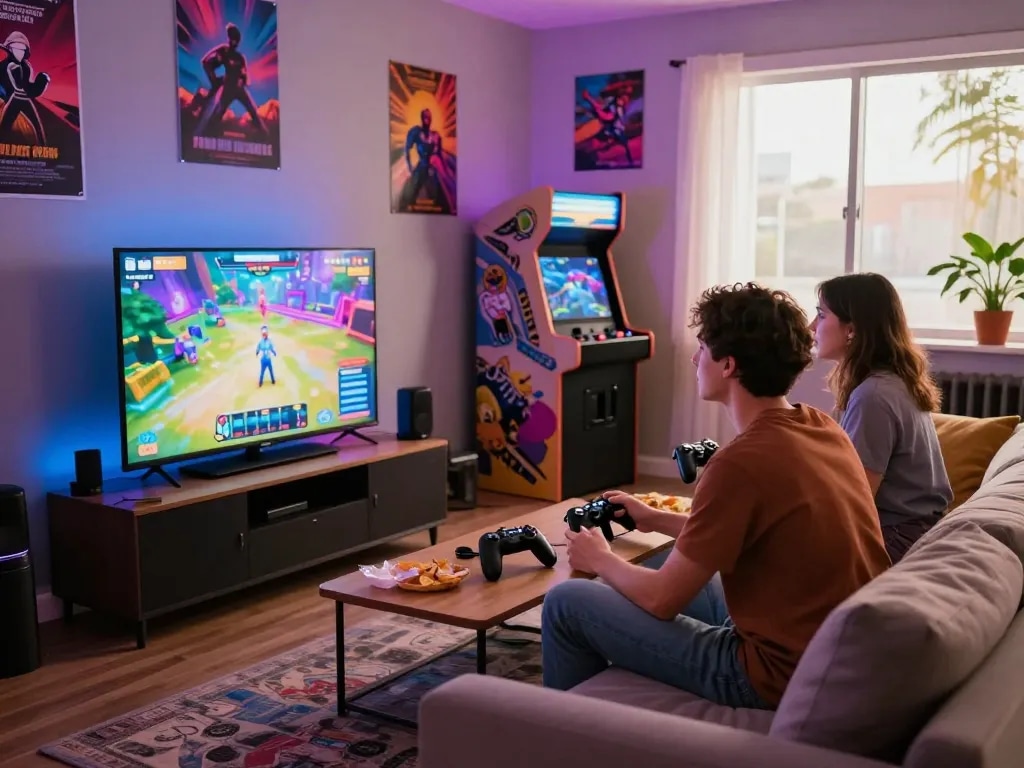 Play porn game online with friends in a vibrant gaming lounge.