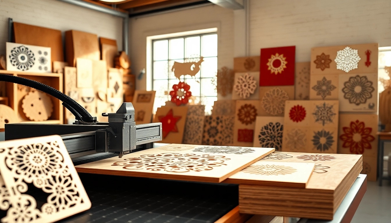 Engaging display of laser cutting designs being created with precision in a vibrant workshop setting.