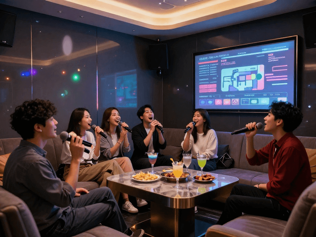 강남 도파민에서 친구들과 즐거운 시간을 보내는 모습, 세련된 분위기의 가라오케 룸
