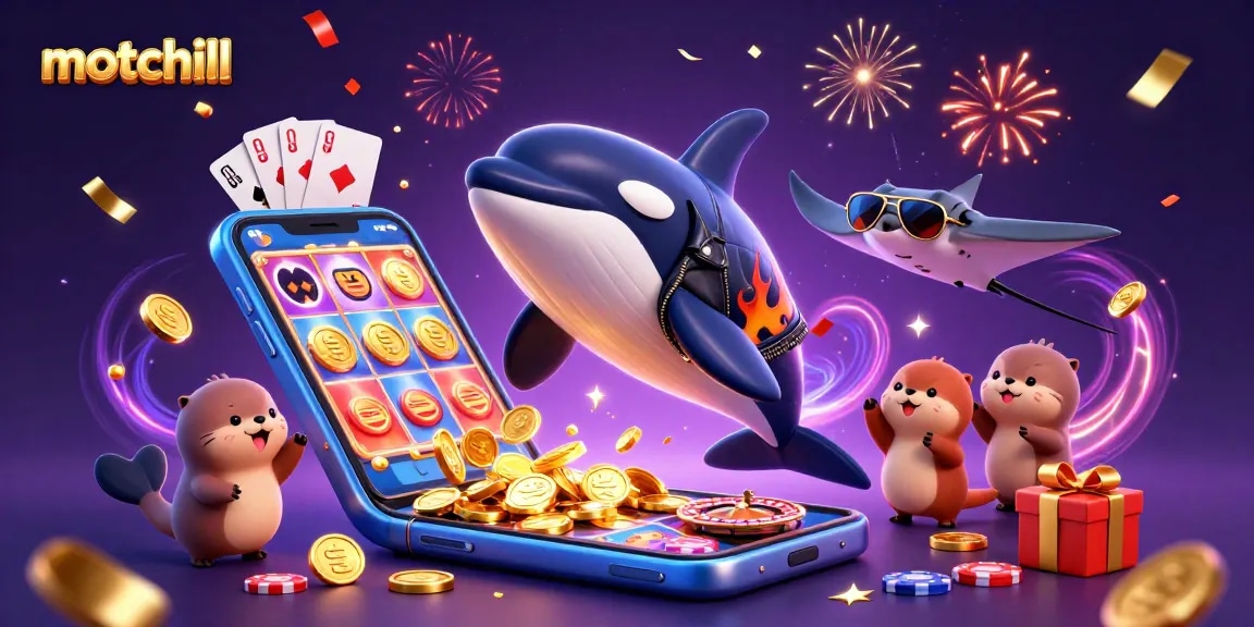 Motchill showcases thrilling slots with orca whale, stingray, and otters celebrating wins.