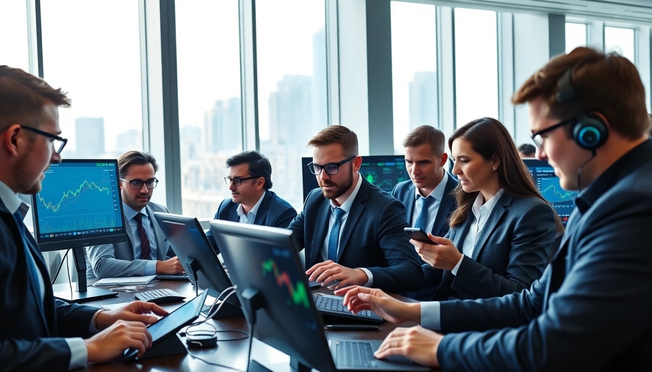 Traders analyzing crypto markets in a modern office filled with digital screens.