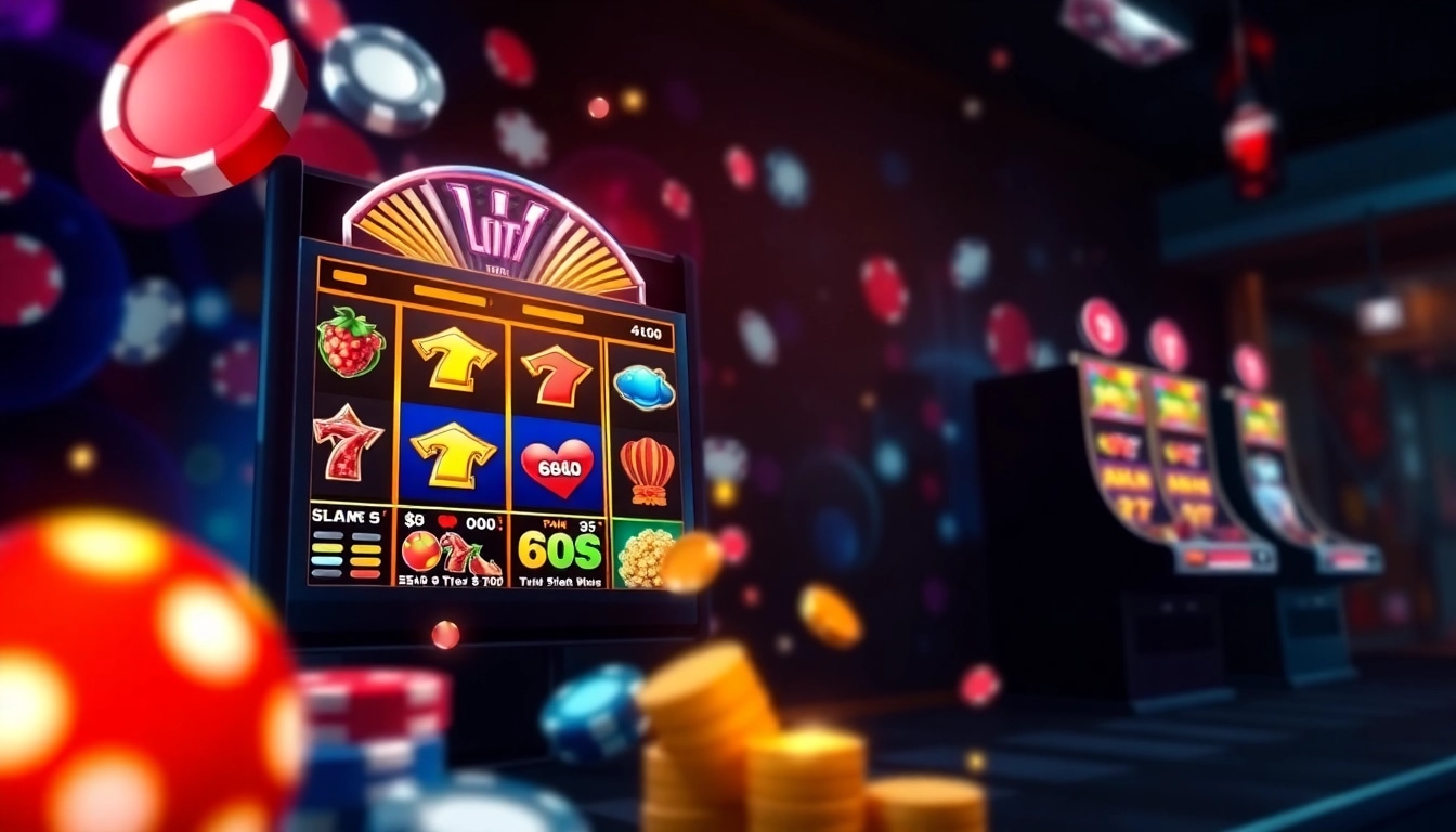 Menampilkan antarmuka QQSLOT777 yang menarik dengan mesin slot dan elemen kasino.