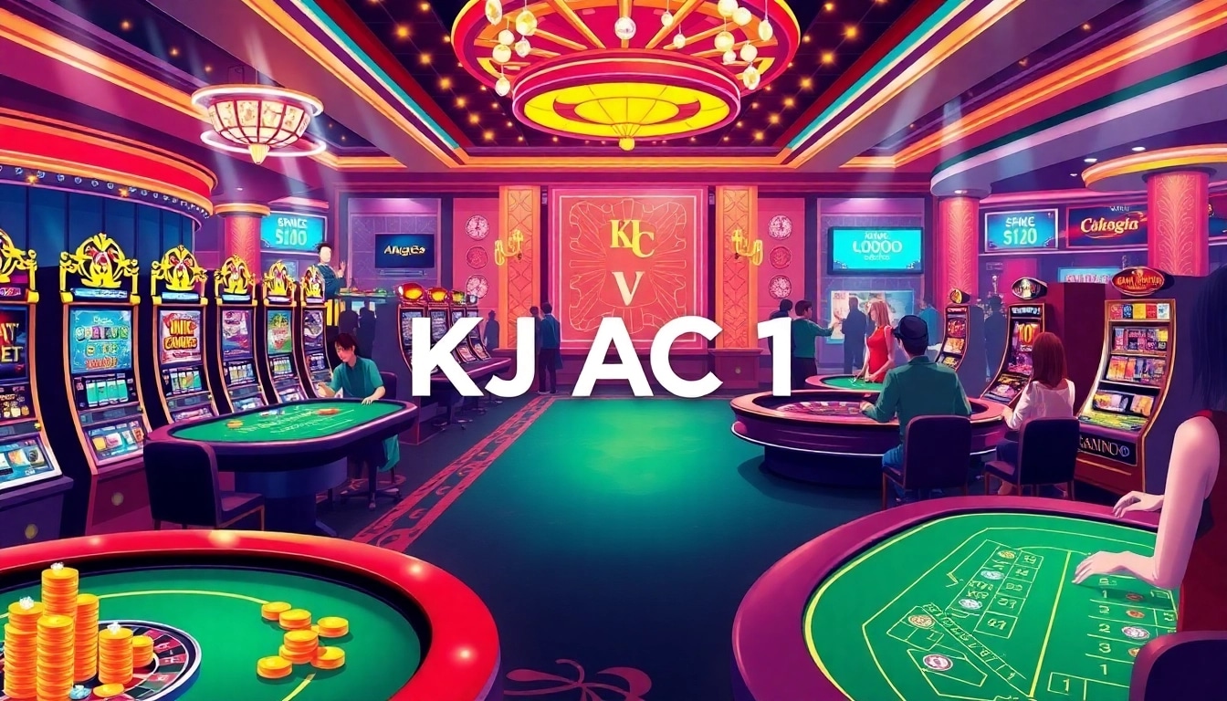 A dynamic casino scene with engaging players and vibrant KJC AC 1 representation symbolizing thrilling gambling experiences.