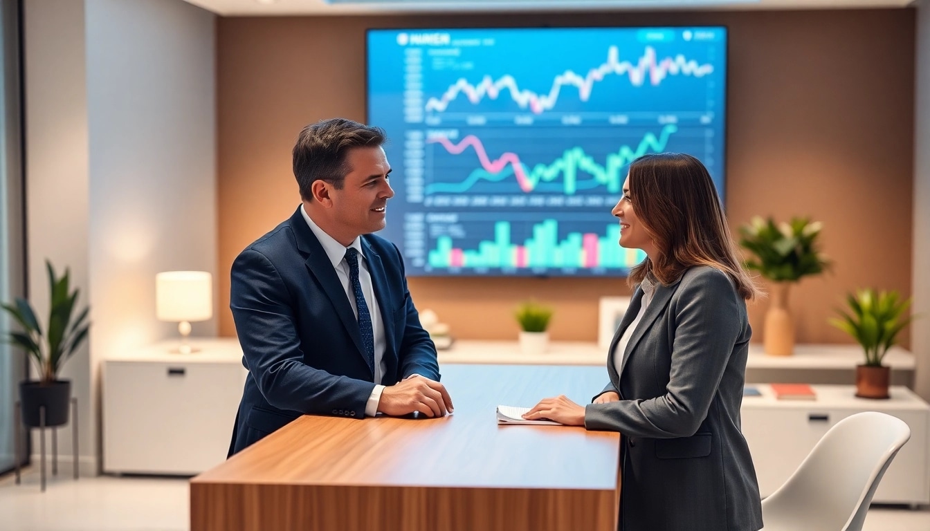 Consultation with a financial advisor near me in a modern office atmosphere, building trust.