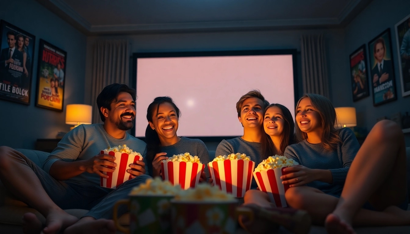 Engage with ดูหนังออนไลน์ through a joyful family movie night at home with popcorn and a cozy setting.