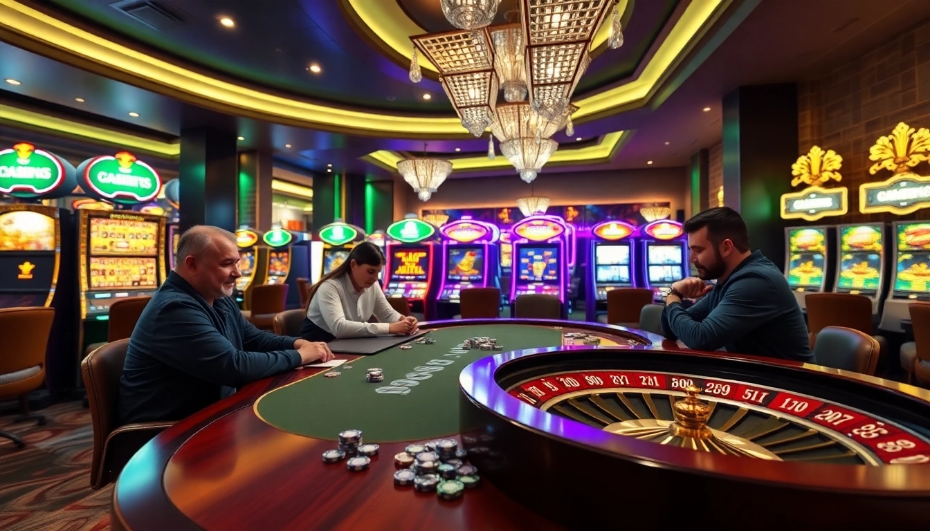 Players enjoying an engaging session at the LC88 casino table, surrounded by slot machines and gaming excitement.
