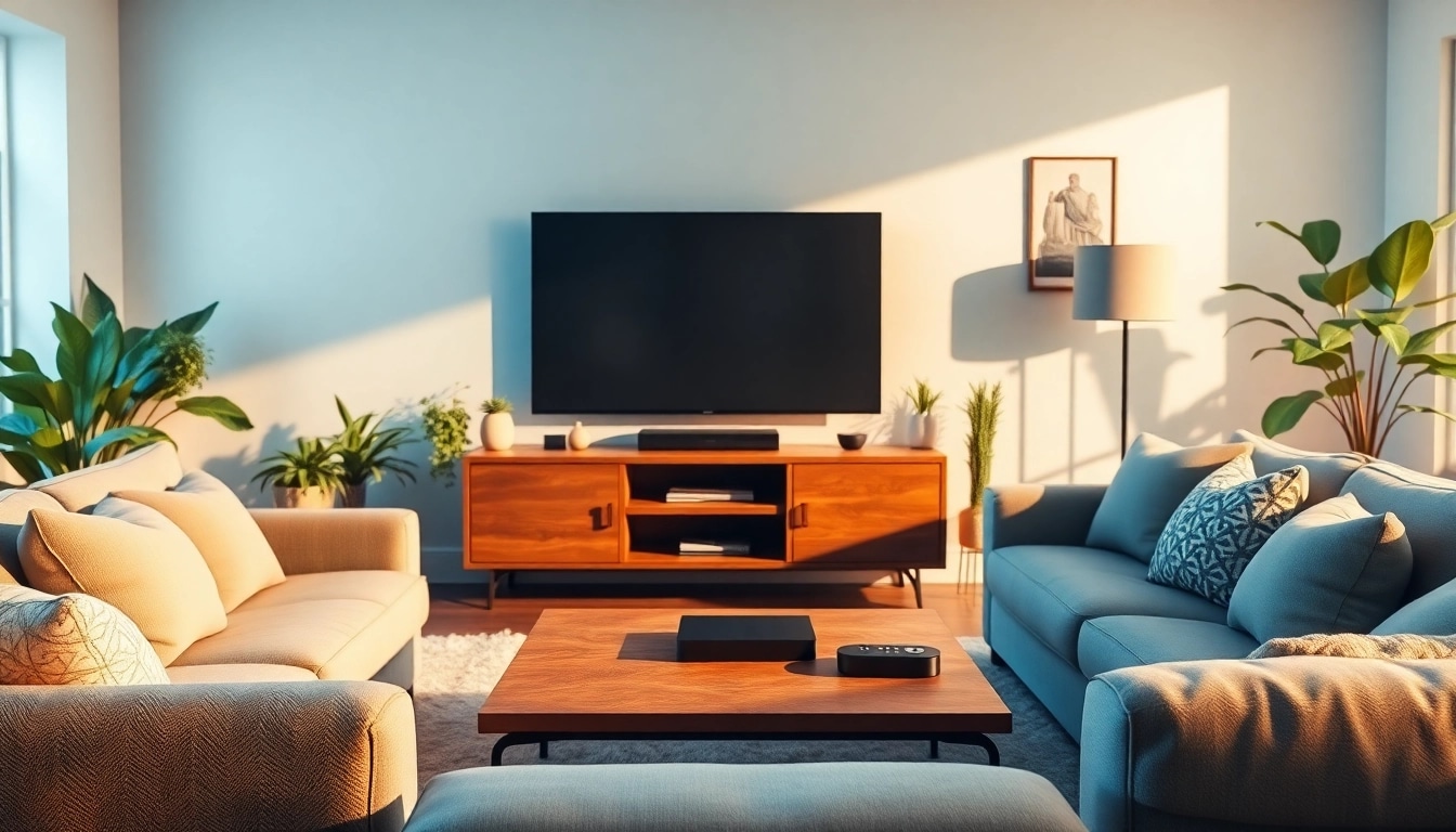 Enjoy streaming TV in a cozy living room with smart technology and inviting decor.
