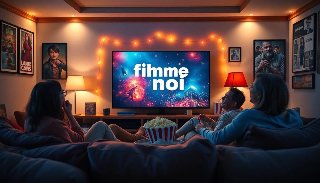 Excited friends enjoying 'filme noi' in a cozy living room with a movie poster on the screen.