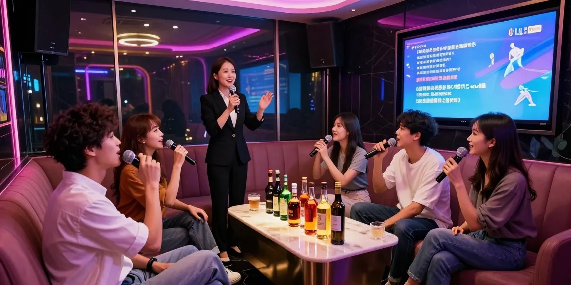 강남가라오케의 고급스러운 사적 공간에서 친구들과 함께 즐거운 노래와 음료를 경험하는 모습