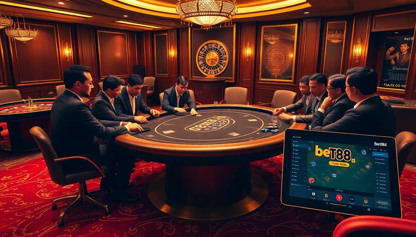 Players enjoying an exciting game at a Bet88 poker table in a luxurious casino setting.