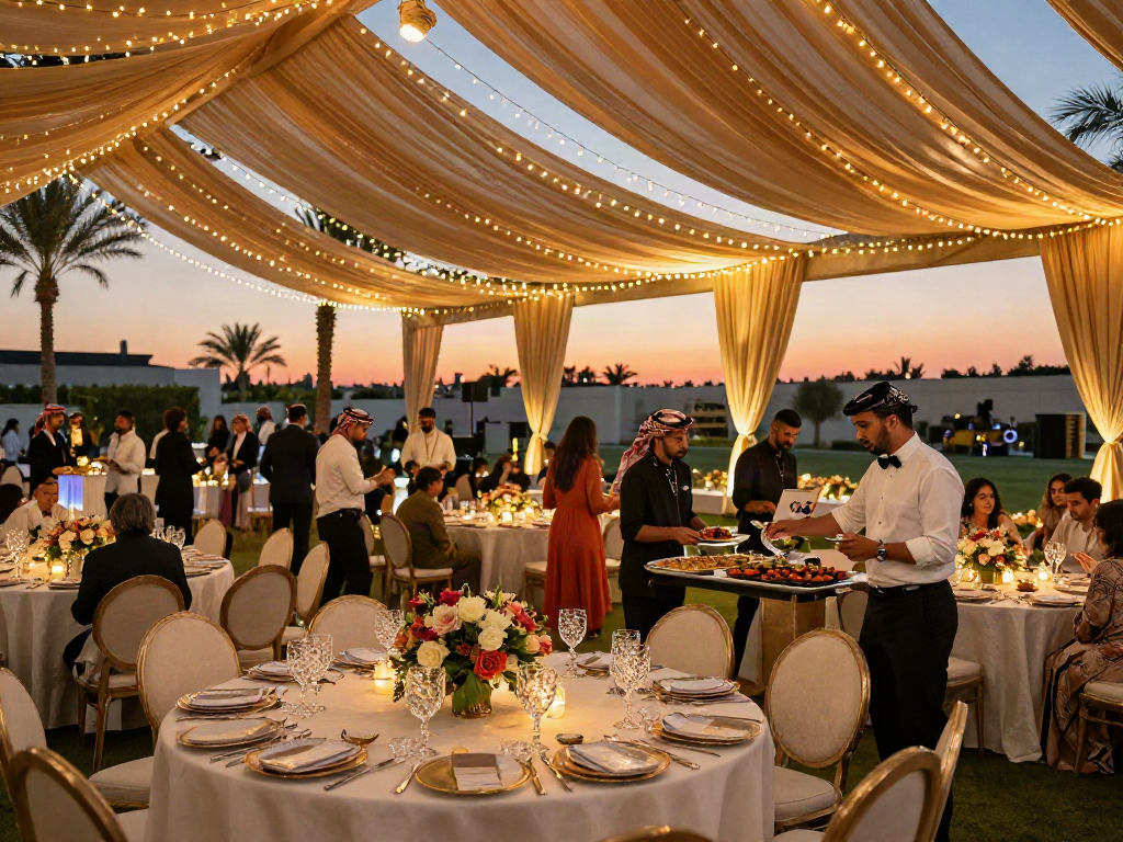 Event rentals transforming a luxurious wedding reception in Saudi Arabia with elegant decor and ambiance