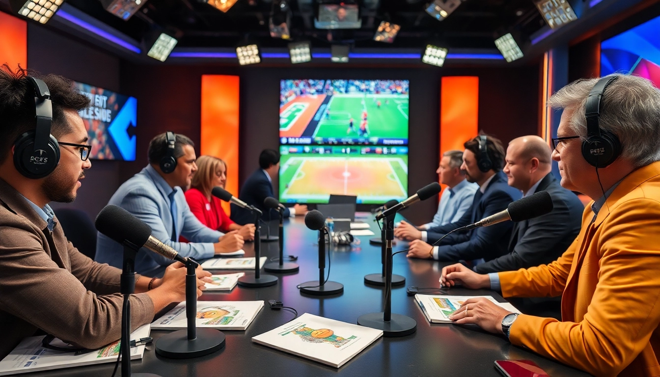Engaging scene of sports broadcasting with diverse commentators and dynamic studio set-up.