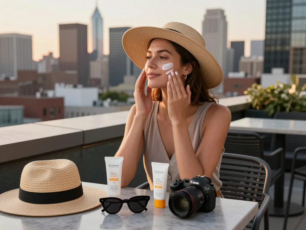 Stylish individual applying face SPF on a rooftop, emphasizing skincare and luxury.