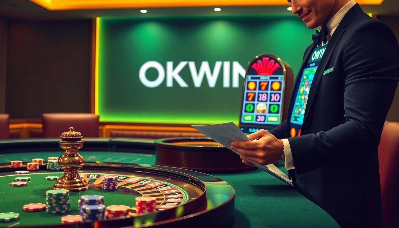 Experience high-stakes betting at OKWIN's luxurious casino, featuring vibrant poker chips and a roulette wheel.